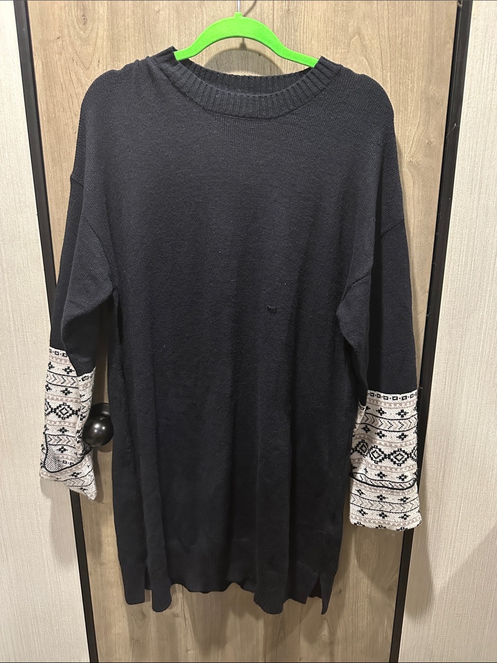 Serra Black Cable Crewneck Sweater Dress with Patterned White Cuffs